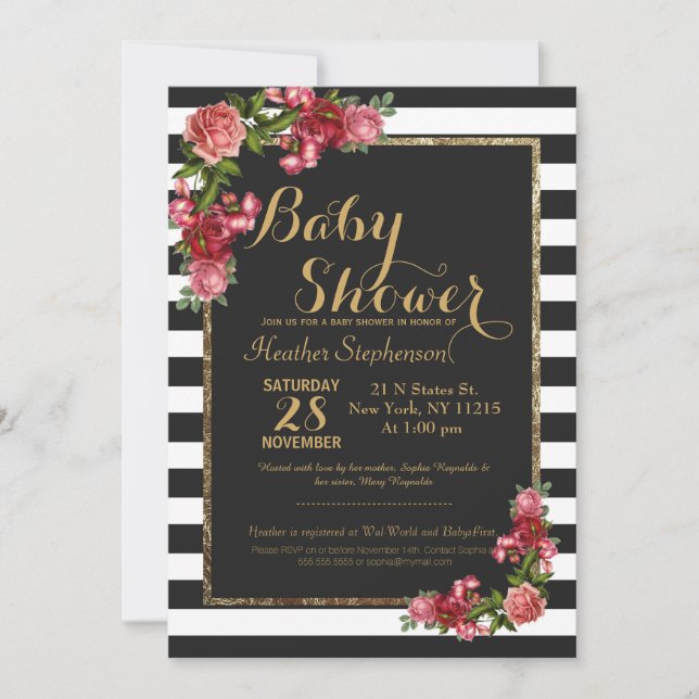 Roses Stripes and Gold Baby Shower Invitations (Front)