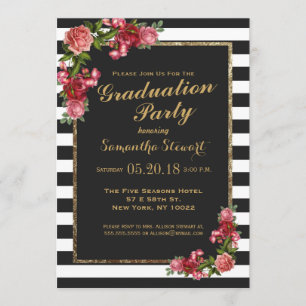 Roses Stripes and Gold Graduation Party Invitation