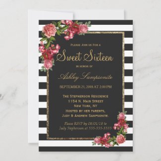 Roses Stripes and Gold Sweet 16 Invitations