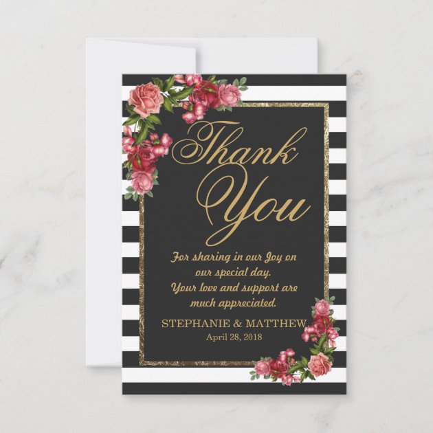 Roses Stripes And Gold Thank You Cards