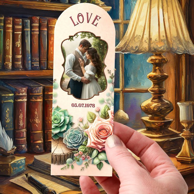 Roses Succulent Vintage Photo Anniversary Bookmarks (Bookmark featuring your custom photos framed by an elegant vintage design with roses and succulents)