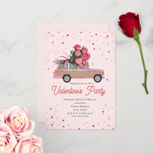 Roses SUV Truck Confetti Valentines Party Invite