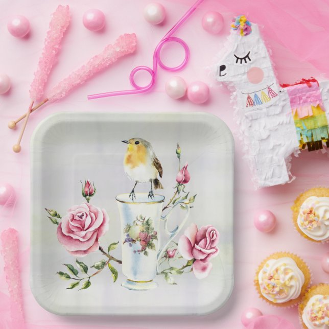 Roses Tea Cup and Bird Paper Plates (Party)