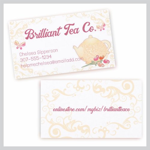 Roses teapot flowers butterflies tea cup business business card template