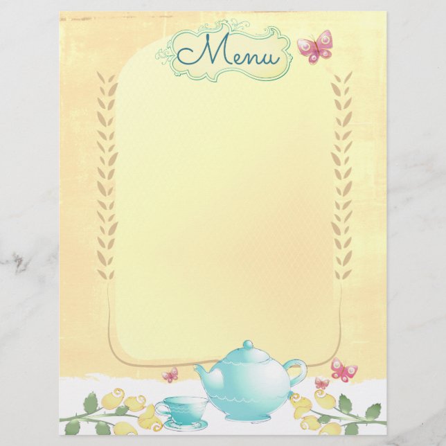 Roses teapot shabby chic tea party menu letterhead (Front)