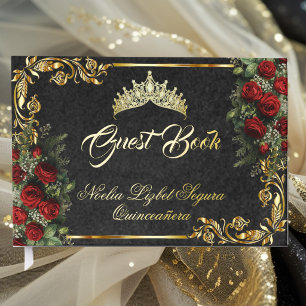 Roses, Tiara & Gold Leaves - Black Foil Guest Book