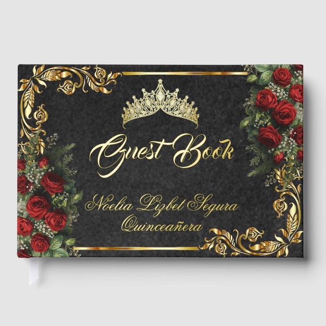 Roses, Tiara & Gold Leaves - Black Foil Guest Book (Front)