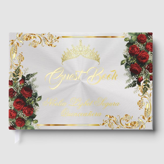 Roses, Tiara & Gold Leaves - Pearl White Foil Guest Book (Front)
