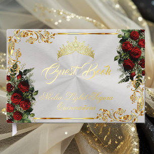 Roses, Tiara & Gold Leaves - Pearl White Foil Guest Book