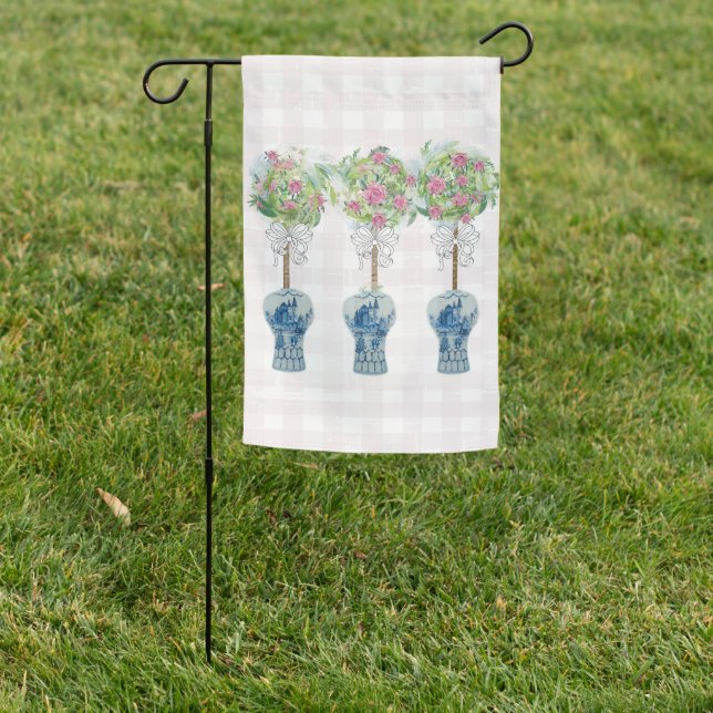 Roses Topiary Blue and White Ginger Jar Garden Flag (In SItu)