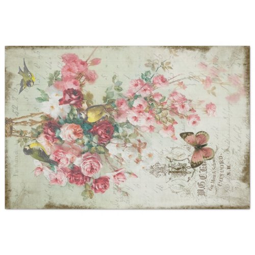 Roses Tranantes Pink Roses  Birds Decoupage Tissue Paper