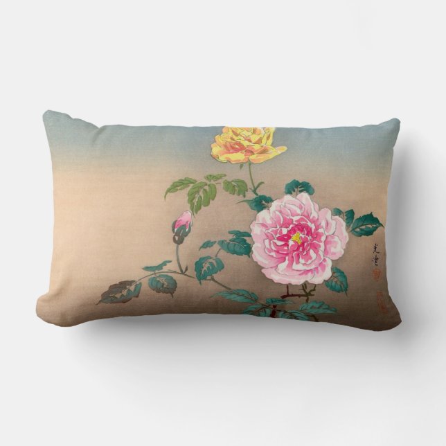 Roses Tsuchiya Koitsu japanese flowers painting Lumbar Pillow (Front)