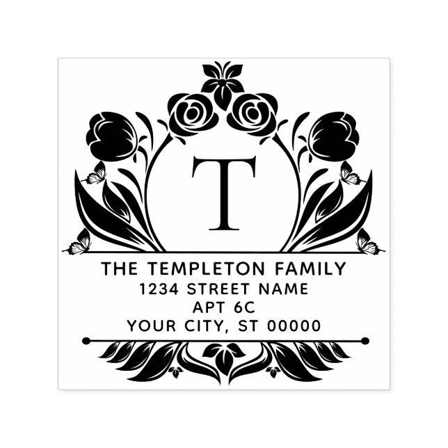 Roses & Tulips Border Frame Name Initial Address Self-inking Stamp (Design)