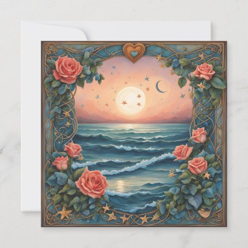 Roses Two Moons Ocean Seashells Valentine Holiday Card
