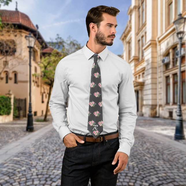 Roses Vintage Charcoal Personalize Initial Neck Tie (Creator Uploaded)
