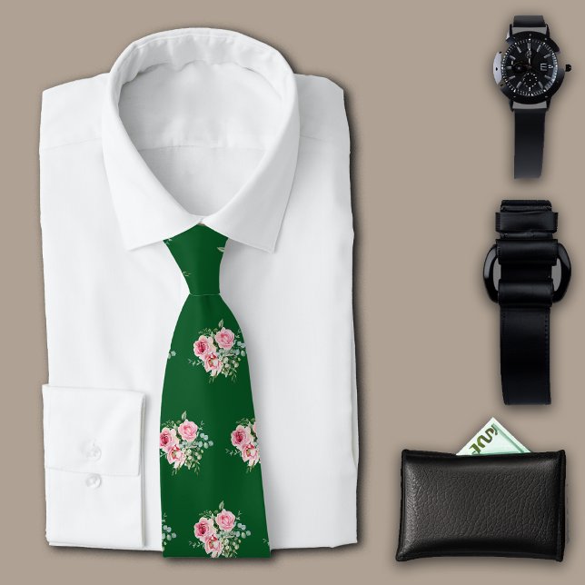 Roses Vintage Green Personalize Initial Neck Tie (Creator Uploaded)