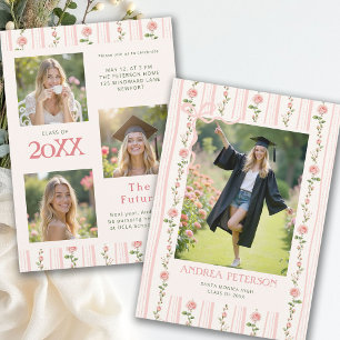 Roses Vintage Stripes Retro Pink Graduation Photo Announcement