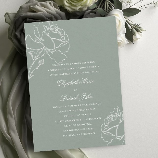 Roses Vow Sage Green Classic Parents Host Wedding Invitation (sage green wedding theme invitation modern classic white roses floral frame formal parents host)