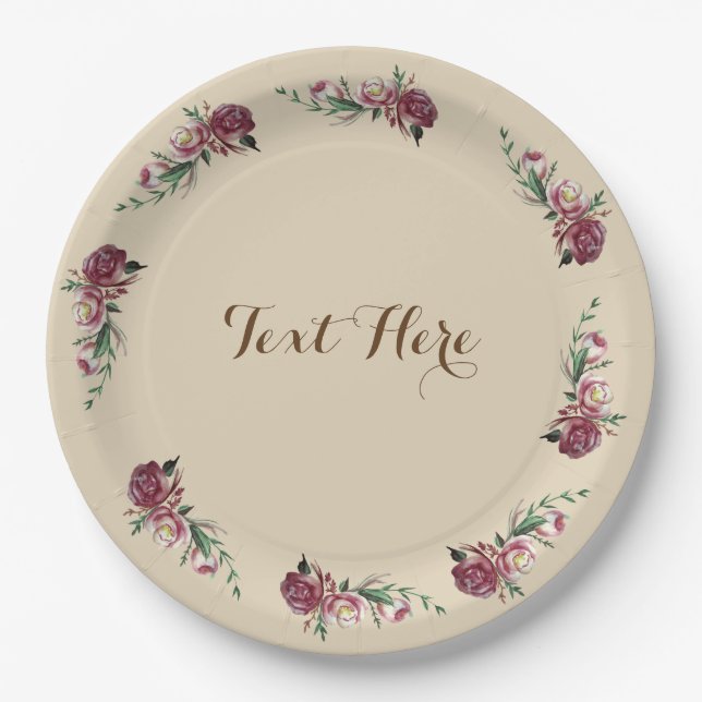 Roses Watercolor  Custom Paper Plates (Front)