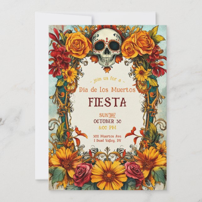 💀Roses Watercolor Día de Muertos Party Invitation (Front)