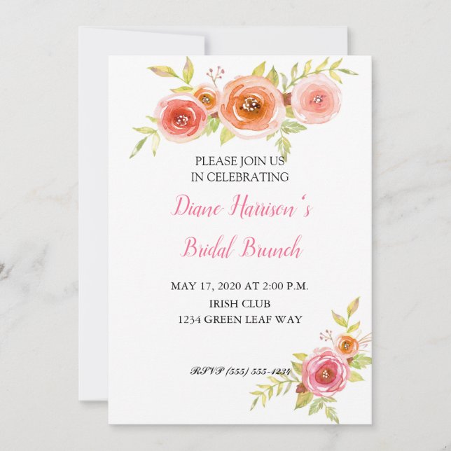 Roses Watercolor Floral Bridal Shower Invitation (Front)