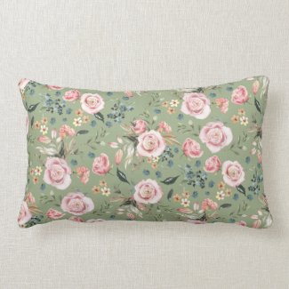 Roses Watercolor Floral Print Sage Lumbar Pillow