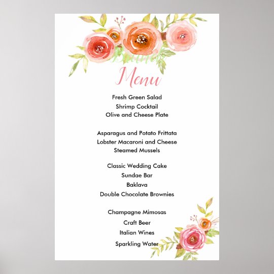 Roses Watercolor Floral Wedding Menu Card Poster | Zazzle.com