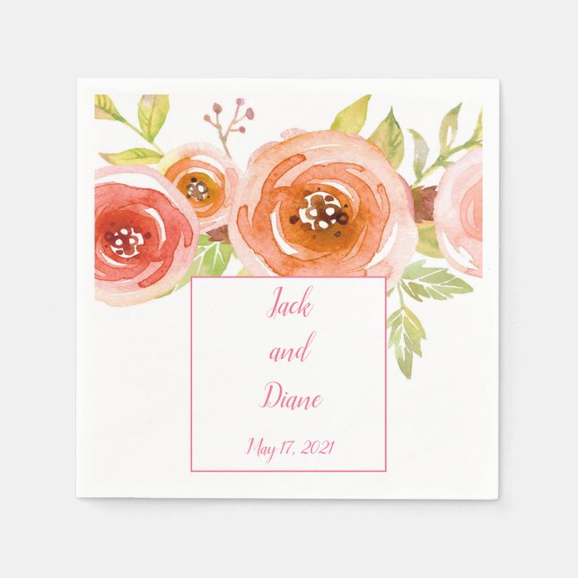 Roses Watercolor Floral Wedding Napkins (Front)