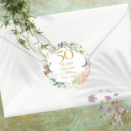 Roses Watercolor Garland 50th Anniversary Classic Round Sticker