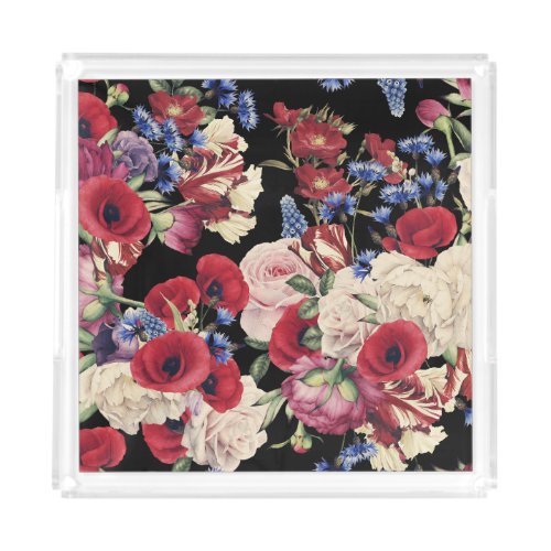Roses Watercolor Seamless Floral Pattern Acrylic Tray