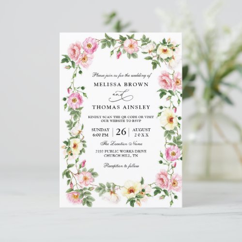 Roses Watercolor Wreath Budget QR Code Wedding Invitation