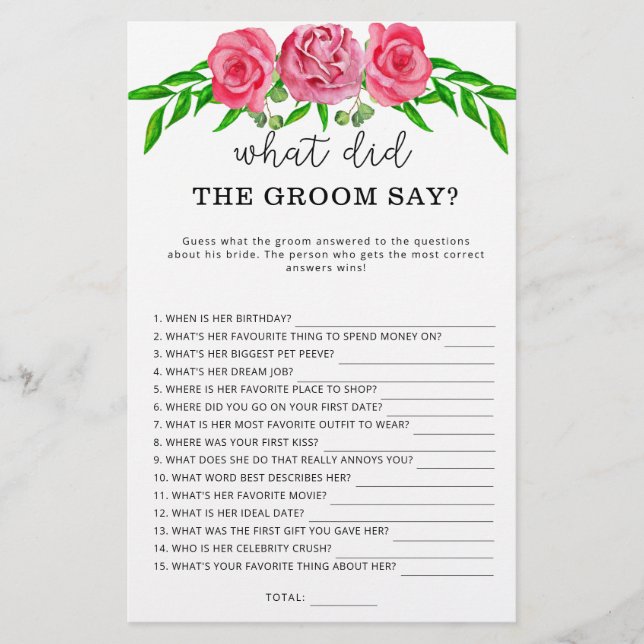 Roses What did the groom say bridal game (Front)