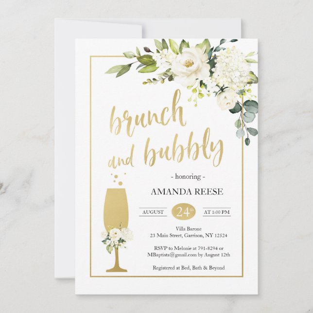 Roses White & Gold Brunch & Bubbly Invite (Front)