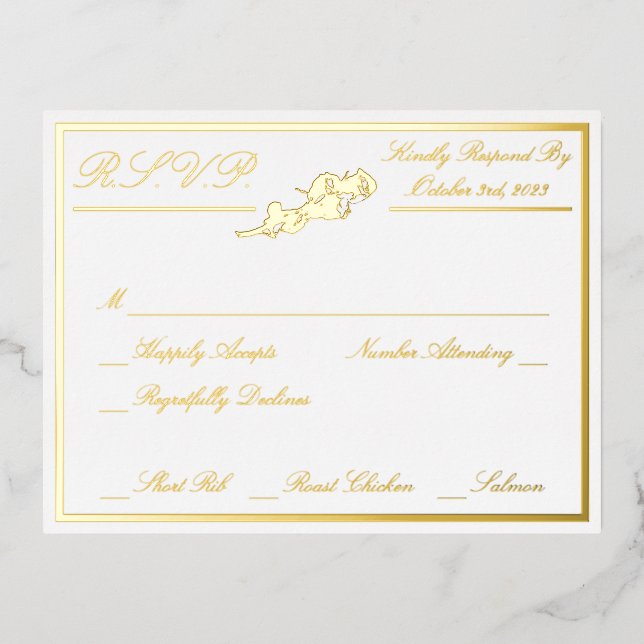 Roses, White Wedding RSVP Gold Full Foil Invitation Postcard (Front)