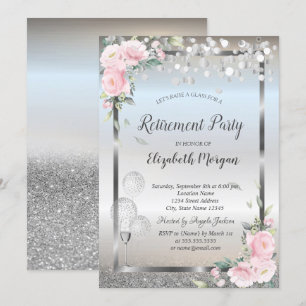 Roses Wine Glass Balloons Glitter Retirement Invitation