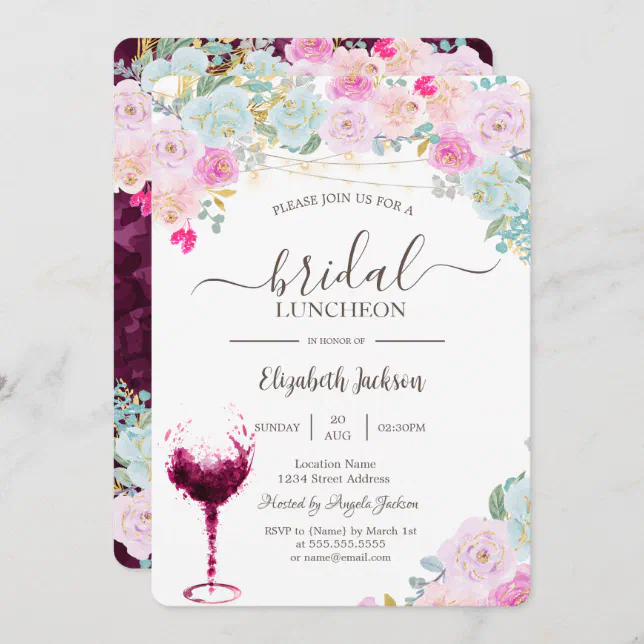 Roses,Wine Glass Bridal Luncheon Invitation Zazzle