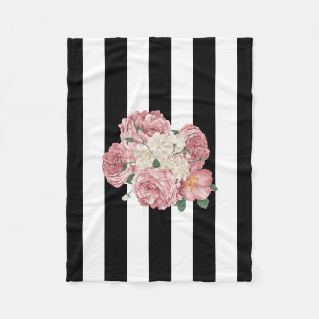 Roses with Black and White Stripes Fleece Blanket (Front)
