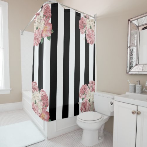 Roses with Black and White Stripes Shower Curtain