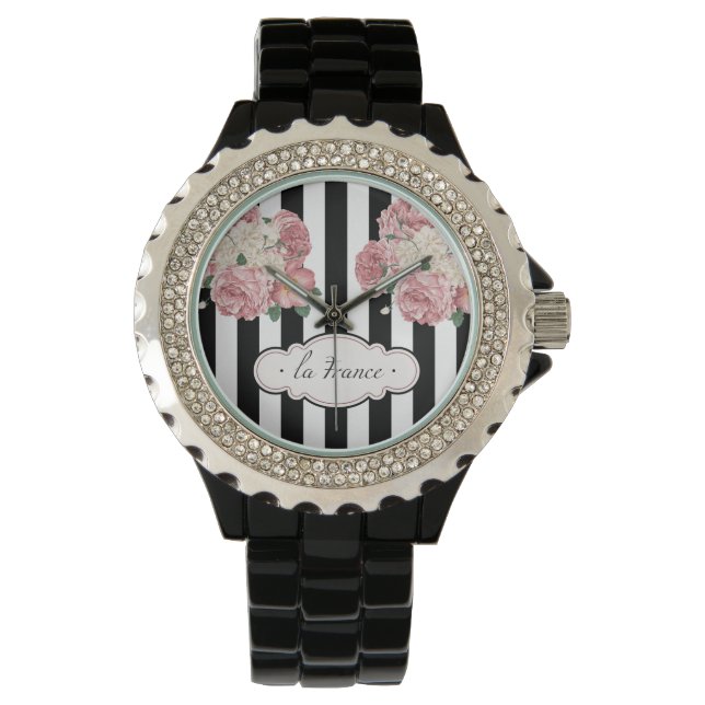 Roses with Black and White Stripes Watch (Front)
