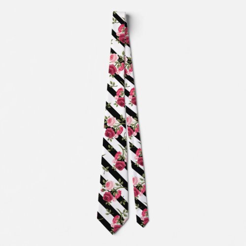 Roses with Black  White Line Neck Tie