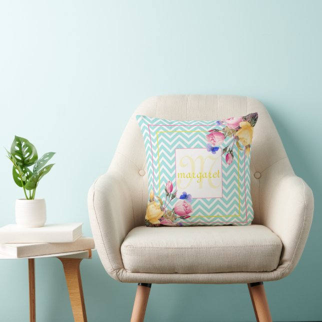 Roses with Chevron Background Monogrammed Throw Pillow (Chair)