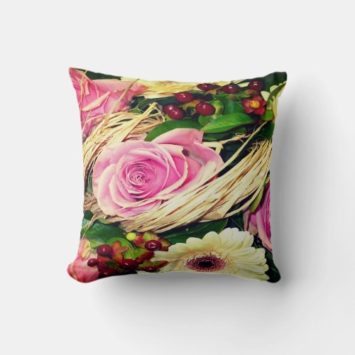 Roses with Daisies and Berries Throw Pillow