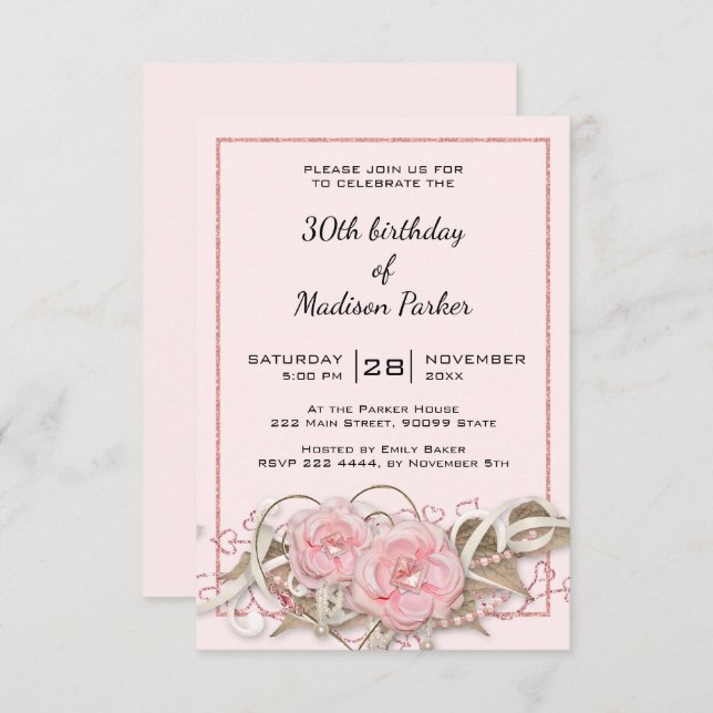 Roses with Gem Birthday Invitation (Front/Back)