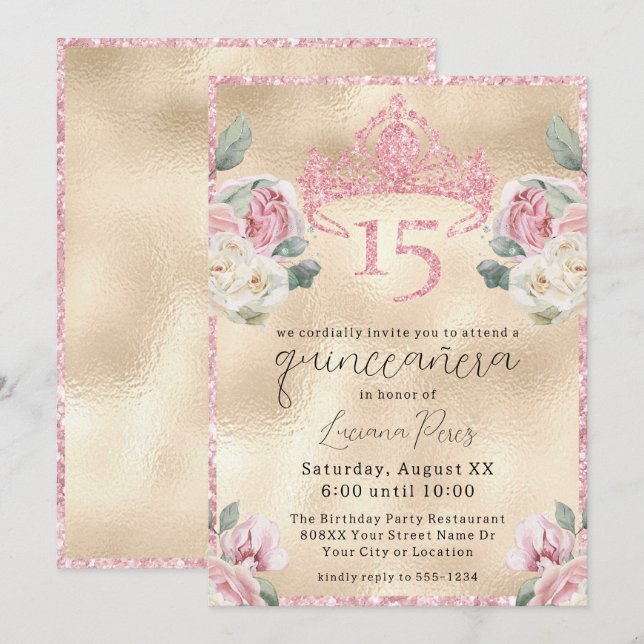 Roses with Glitter Tiara on Gold Quinceañera Invitation (Front/Back)