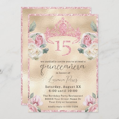 Roses with Glitter Tiara on Gold Quinceaera Invitation