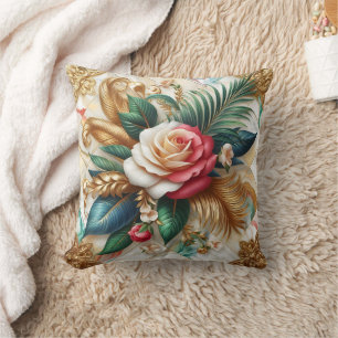 Roses With Gold Leaves on Marble Throw Pillow