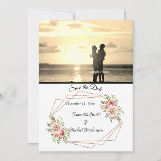Roses with Rose Gold Geometric Photo Save the Date (Front)