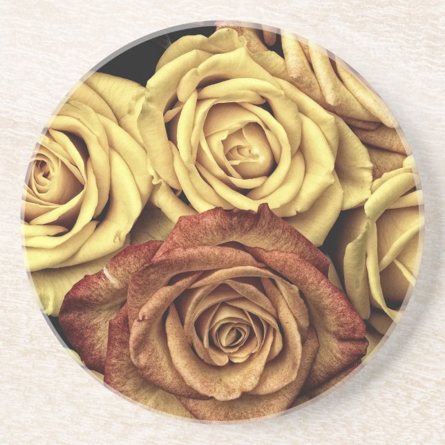 Roses yellow and red sandstone coaster (Front)