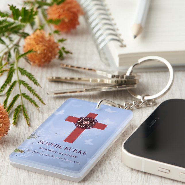 Rosette Cross Blue Butterflies Pet Memorial Poem Keychain (Front Right)