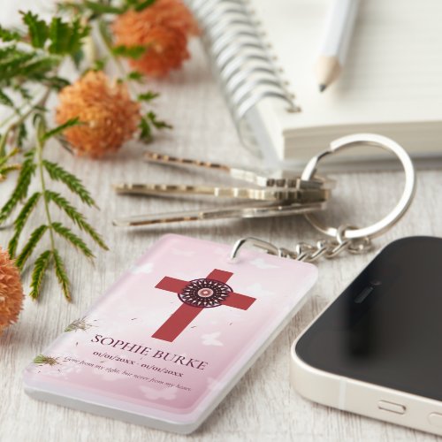 Rosette Cross Pink Butterflies Pet Memorial Poem Keychain